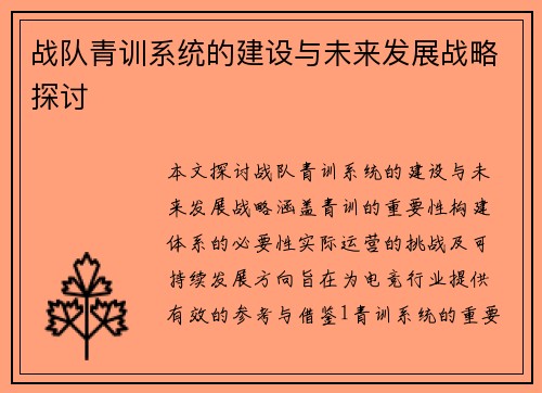 战队青训系统的建设与未来发展战略探讨