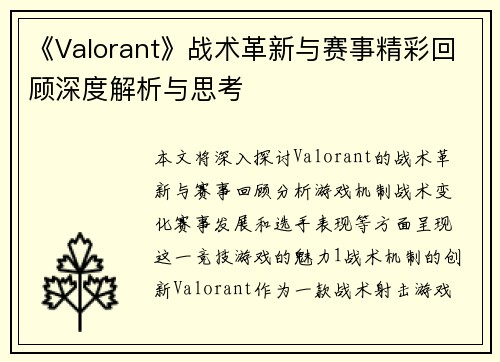《Valorant》战术革新与赛事精彩回顾深度解析与思考