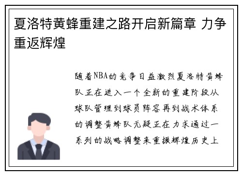 夏洛特黄蜂重建之路开启新篇章 力争重返辉煌